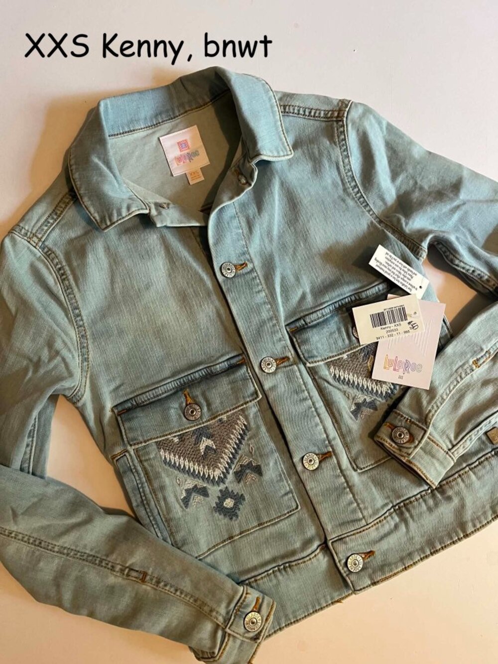 XXS Lularoe unisex Kenny jean jacket, light blue with SW grey blue embroidery